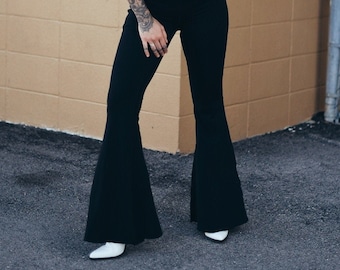 Black High Rise Bell Bottoms High Waisted Solid Black Wide Leg Bell Bottoms Retro High Waist Flares Stretchy Pants Hippie Boho Festival Wear