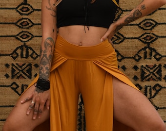 FINAL SALE - Marigold Goddess Flow Pants, High Slit Pants, Side Slit Pants, Bohemian Pants,Flow Pants, Flow Pants, Wide Leg Pants