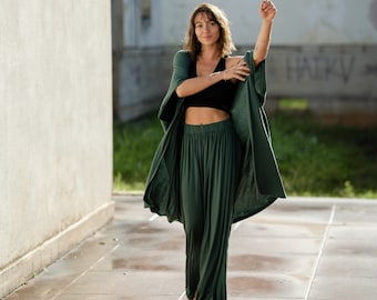 Madre Set - Matching Bamboo Kimono and Flowy Pants - Wide Leg High Rise Pants with Matching Kimono - Resort wear