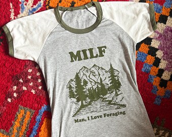 Milf Man I love Foraging Retro Ringer Vintage Tshirt Funny Shirt Hiking top Gifts for mom and mothers, outdoorsy shirt graphi tee