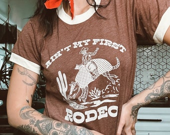 Ain't My First Rodeo Retro Ringer T-shirt, Dillas, Western, Southwest Tshirt, Armadillo shirt, funny  graphic tee, hiking shirt