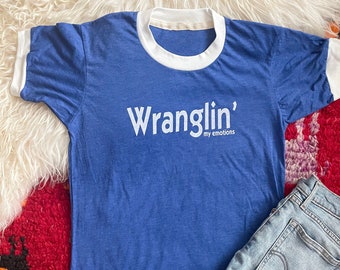 Wranglin' My Emotions Retro Ringer T-shirt, Wrangler, Western, Southwest Tshirt, Wrangler shirt, funny  graphic tee, cowgirl shirt