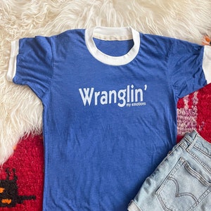 Wranglin' My Emotions Retro Ringer T-shirt, Wrangler, Western, Southwest Tshirt, Wrangler shirt, funny graphic tee, cowgirl shirt image 1