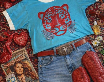 Jaguar Graphic Cropped Ringer Tee - Retro 70s Cat Shirt