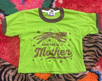 One Hell Of A Mother Graphic Cropped Ringer Tee - Retro 70s Tiger shirt
