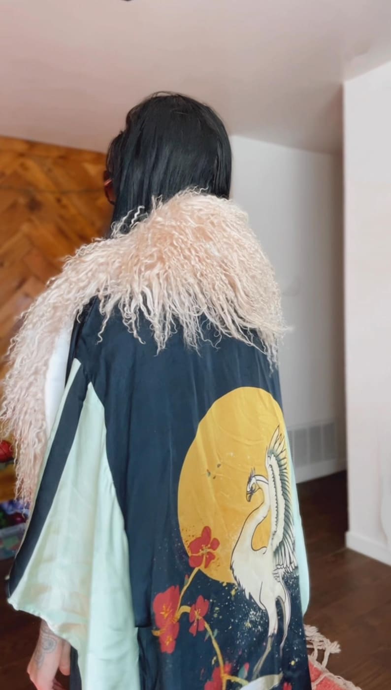 May include: A black and green kimono with a white crane and floral design. The kimono has a pink fluffy collar.