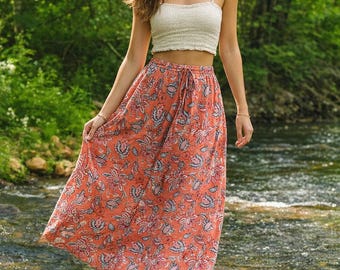 Flowy Pink Block Print Cotton Skirt