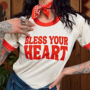 Bless Your Heart Red Ringer Tee, cowgirl aesthetic, retro top, festival, womens clothing, vintage clothing, disco cowgirl, dolly, funny
