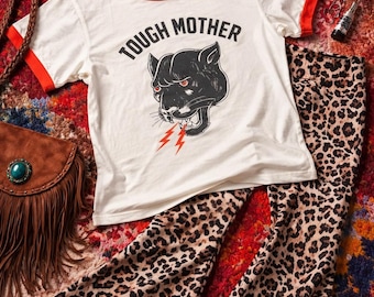 Tough Mother Ringer Tee: Panther Graphic, Retro Mom T-Shirt