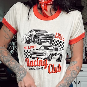 Racing To Conclusions Red Ringer Tee Graphic T-shirt, retro racing shirt, car lovers, funny shirt, womens clothing, vintage clothing