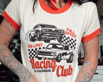 Racing To Conclusions Red Ringer Tee Graphic T-shirt, retro racing shirt, car lovers, funny shirt, womens clothing, vintage clothing