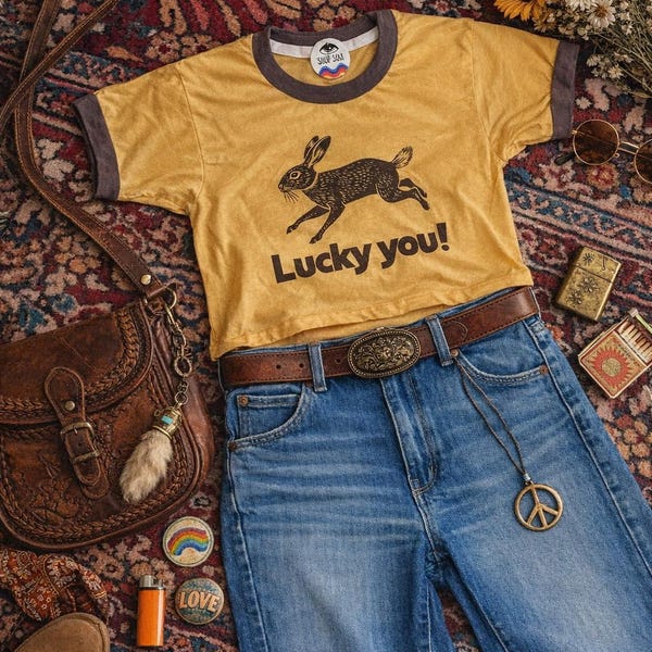 ¡Qué suerte tienes! Camiseta corta con ribete - Estampado vintage de conejo de los años 70