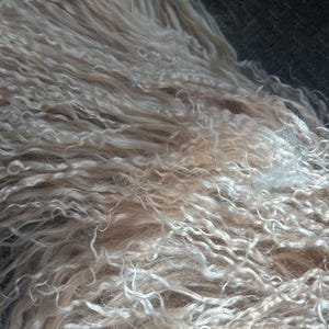 May include: Close-up of a soft, white, curly fur. The fur is very fluffy and appears to be from a sheep or other animal.