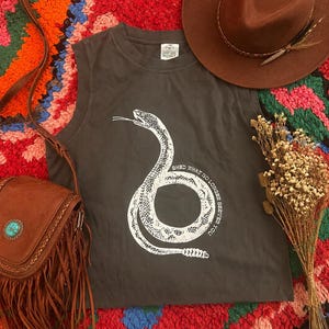 Snake Graphic Crop Tank: Raw Edge Cotton Moto Biker Top - shed what no longer serves you