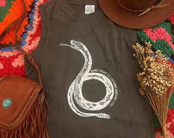 Snake Graphic Crop Tank: Raw Edge Cotton Moto Biker Top - shed what no longer serves you