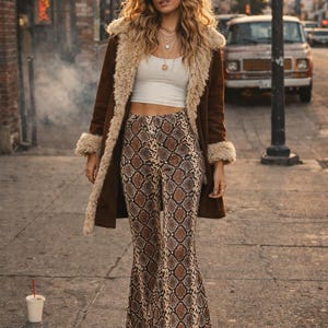 Snake Print High Rise Bell Bottoms: 70s Boho Flares