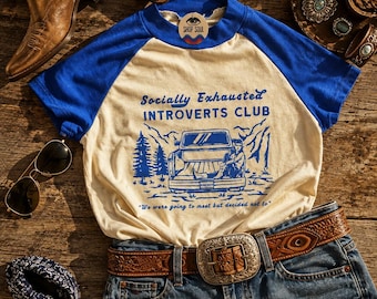 Socially Exhausted Introverts Club Blue Ringer Tee, cowgirl aesthetic, retro top, festival, womens clothing, vintage clothing