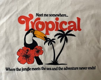 Meet Me Somewhere Tropical Retro Vintage Inspired Ringer Shirt For Women - Toucan and Palm trees - Costa Rica Tourist Shirt - Red Ringer