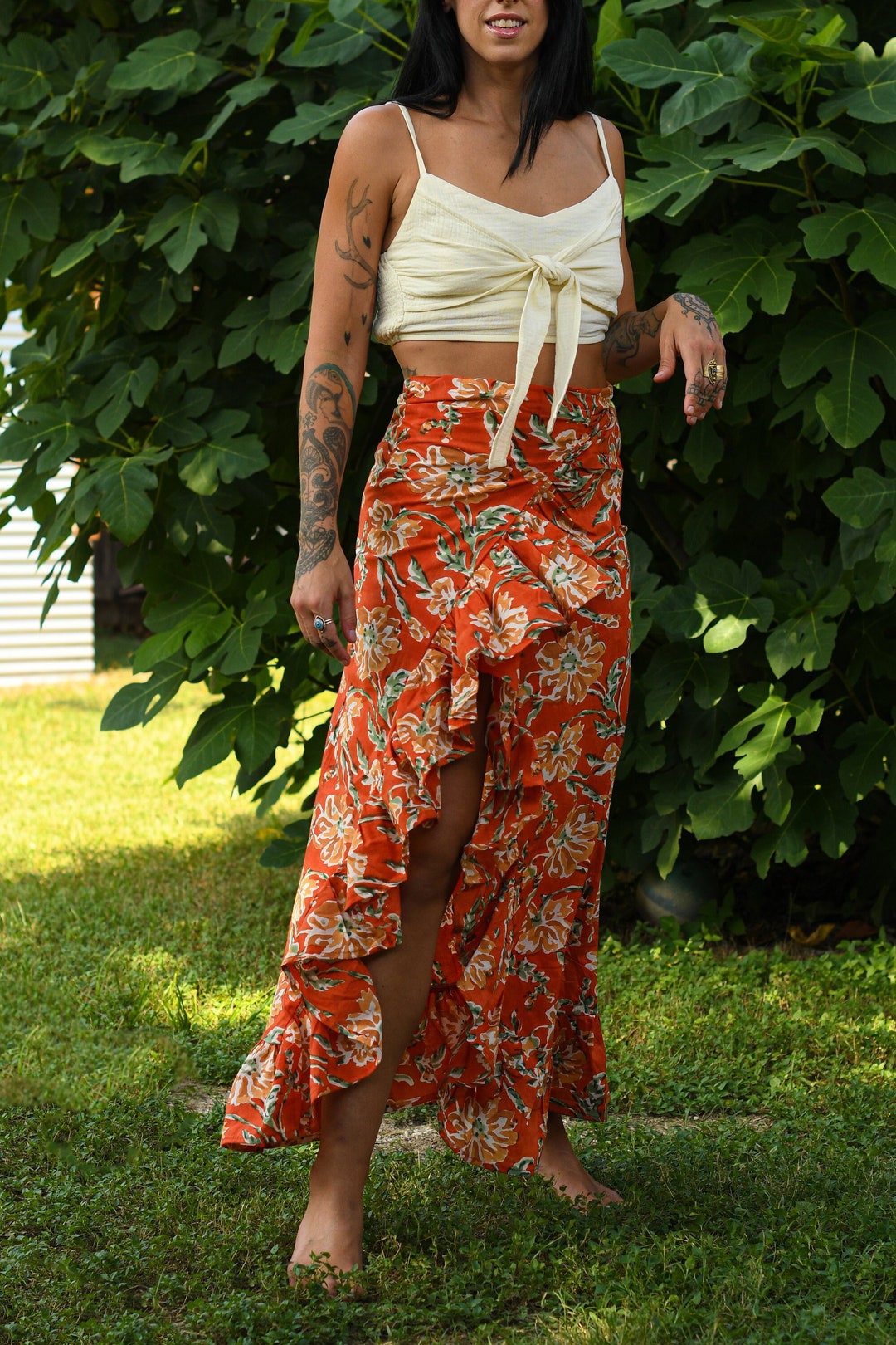 Floral Wrap Ruffled Skirt With Adjustable Tie