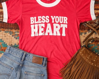 Bless Your Heart Ringer Tee: Retro Cowgirl Graphic Top