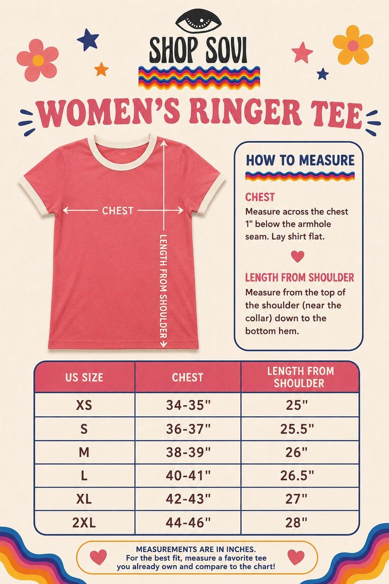 May include: A coral ringer t-shirt with cream-colored trim on the collar and sleeves. The image includes a sizing chart with measurements in inches, labeled with US sizes from XS to 2XL, and instructions on how to measure chest and length.