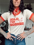 Hold Yer Horses Red Ringer Tee Graphic T-shirt, cowgirl aesthetic, western top, festival, womens clothing, vintage clothing, disco cowgirl