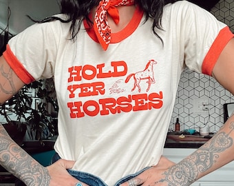 Hold Yer Horses Red Ringer Tee Graphic T-shirt, cowgirl aesthetic, western top, festival, womens clothing, vintage clothing, disco cowgirl