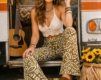 High Rise Bell Bottom Pants - Boho Flares - Flared Pants - Bell Bottom Yoga Pants - Womens Clothing - 70s bell bottoms - Boho Pants -