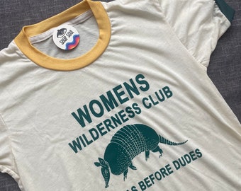 Women's Wilderness Club Retro Ringer T-shirt, Dillas, Western, Southwest Tshirt, Armadillo shirt, funny  graphic tee, hiking shirt