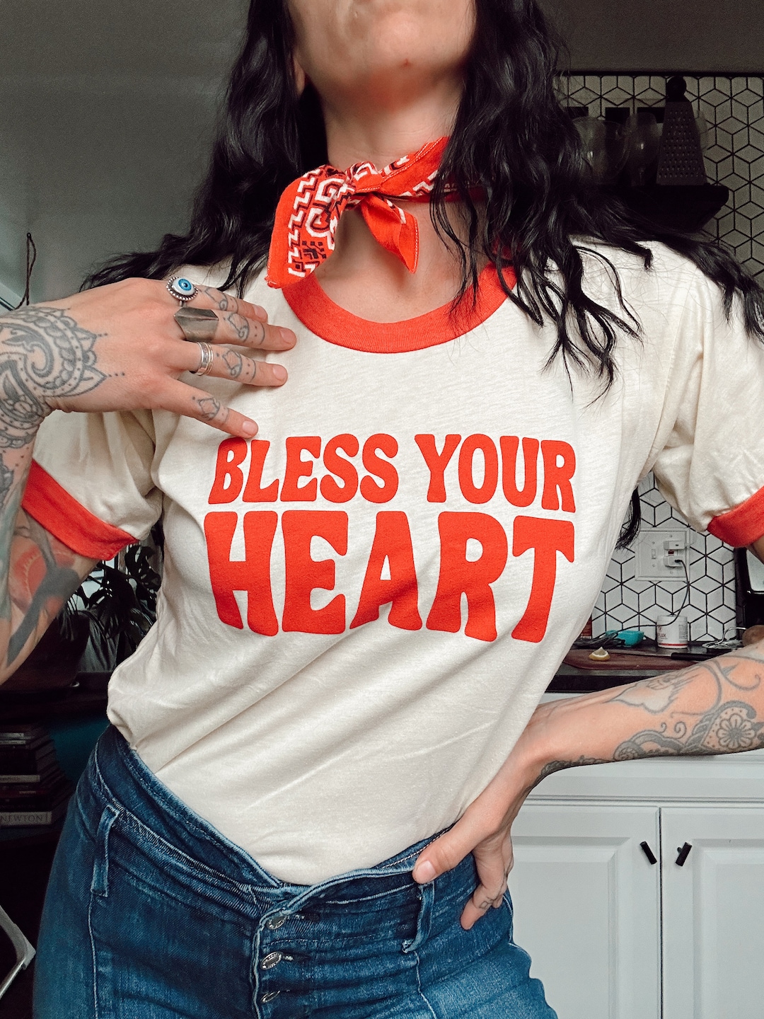 Bless Your Heart Red Ringer Tee, Cowgirl Aesthetic, Retro Top, Festival ...
