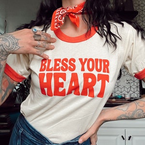 Bless Your Heart Red Ringer Tee, cowgirl aesthetic, retro top, festival, womens clothing, vintage clothing, disco cowgirl, dolly, funny