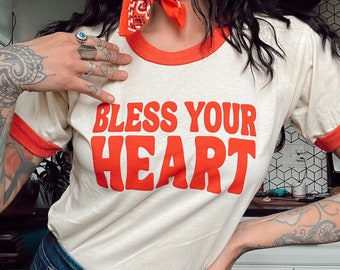 Bless Your Heart Red Ringer Tee, cowgirl aesthetic, retro top, festival, womens clothing, vintage clothing, disco cowgirl, dolly, funny