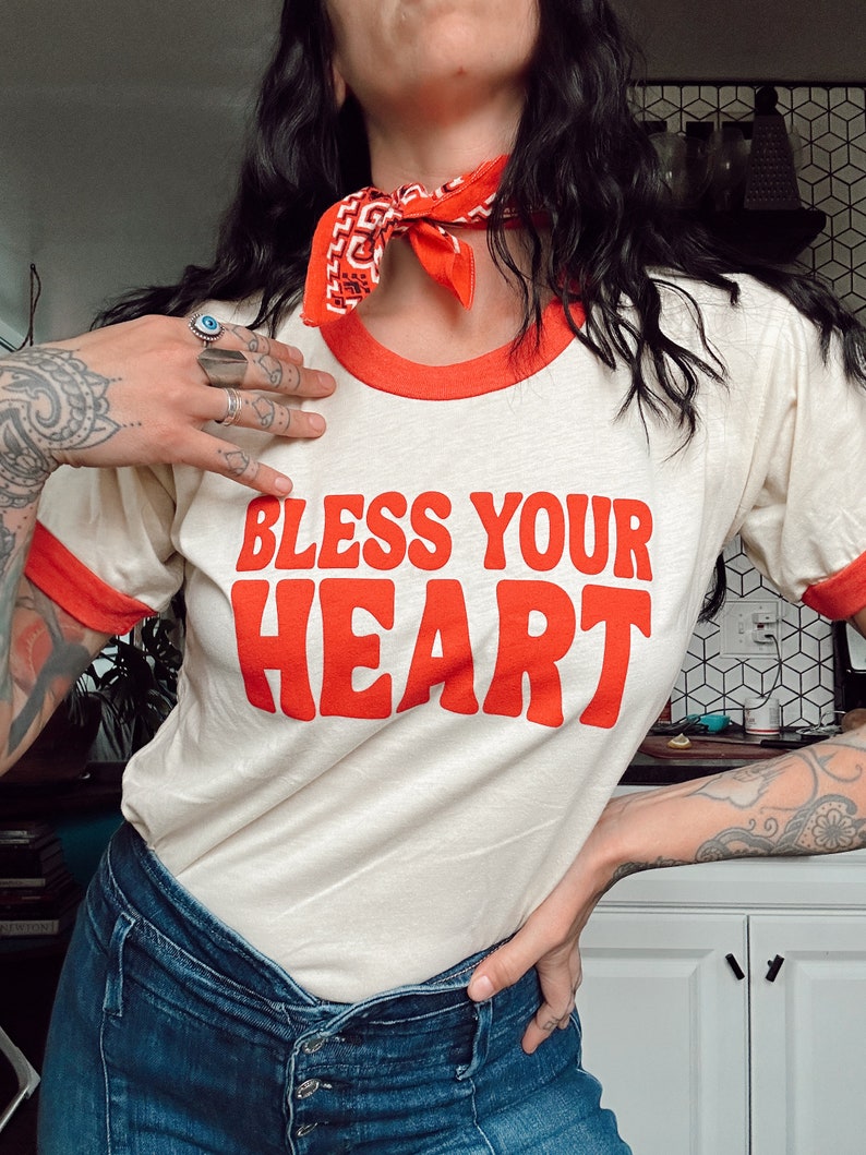 Bless Your Heart Red Ringer Tee, cowgirl aesthetic, retro top, festival, womens clothing, vintage clothing, disco cowgirl, dolly, funny image 1