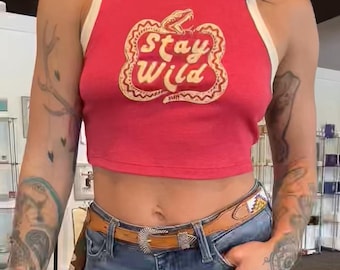 Stay Wild Retro Cropped Ringer Tank Top - Vintage Look Tank - Western Shirt - Funny - Silly - Cute Womens Clothing - Crop Top
