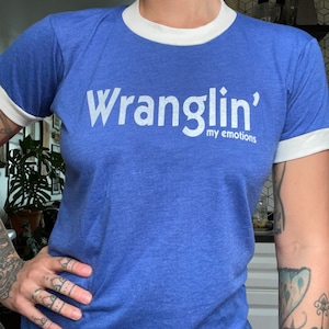 Wranglin' My Emotions Retro Ringer T-shirt, Wrangler, Western, Southwest Tshirt, Wrangler shirt, funny graphic tee, cowgirl shirt image 2