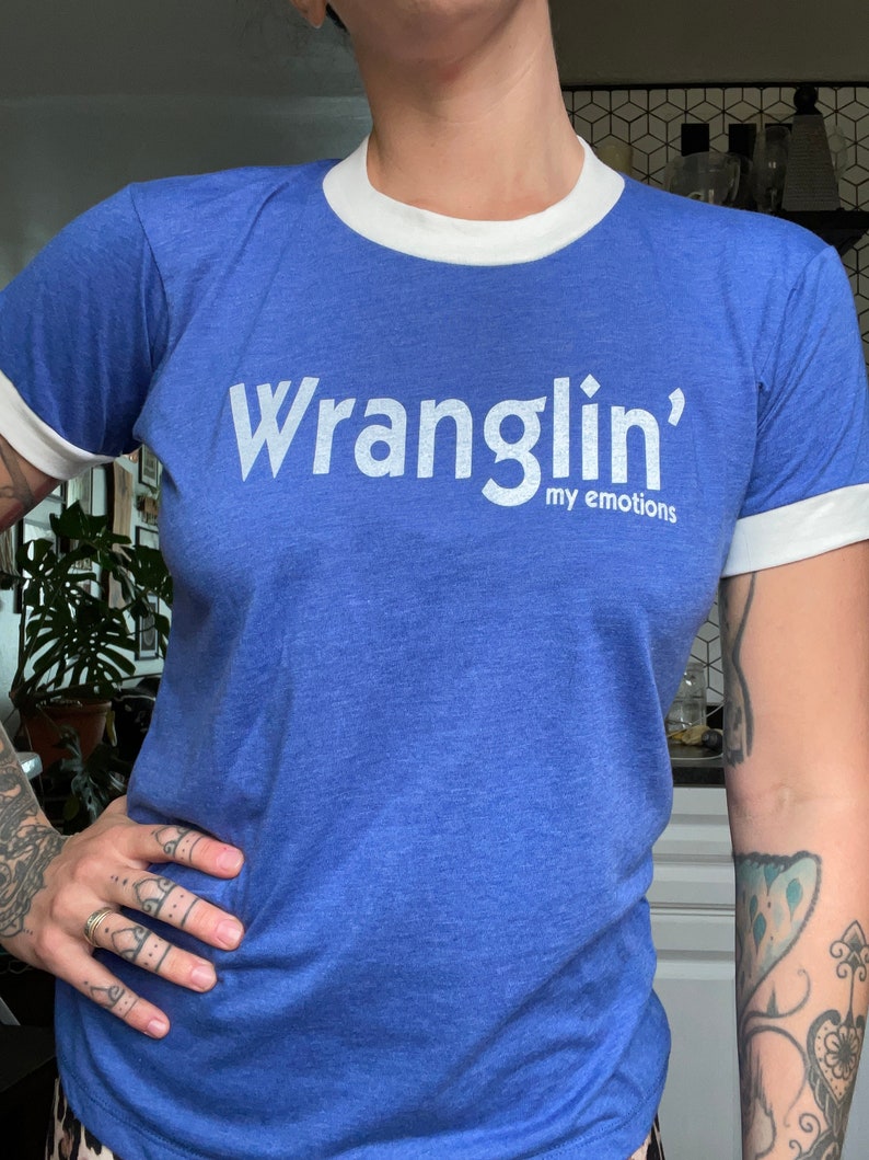 Wranglin' My Emotions Retro Ringer T-shirt, Wrangler, Western, Southwest Tshirt, Wrangler shirt, funny graphic tee, cowgirl shirt image 2