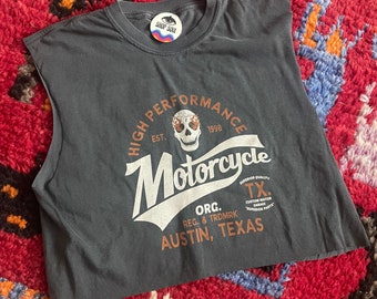 Débardeur moto court pour femme, débardeur muscle, débardeur moto, Austin, chemise Texas, chemise grunge, t-shirt garage, tête de mort, démon de la vitesse
