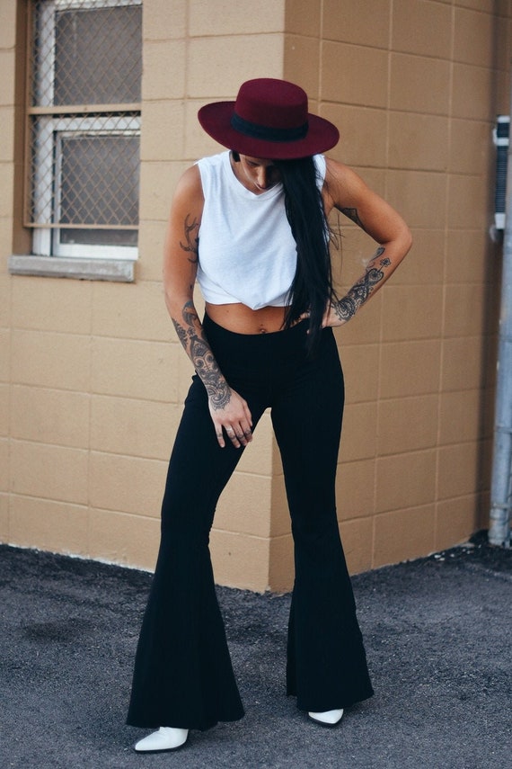 Black High Rise Bell Bottoms High Waisted Solid Black Wide Leg Bell Bottoms  Retro High Waist Flares Stretchy Pants Hippie Boho Festival Wear 