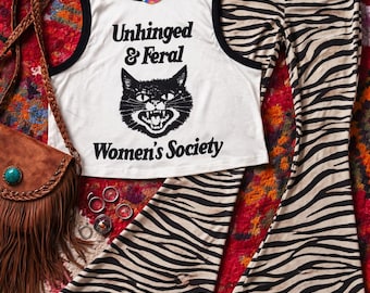 Unhinged and Feral Women’s Society Cropped Retro Ringer Tank - Cute and Funny Women’s Clothing - Vintage Tee - Graphic - Cat Shirt - 70s lol