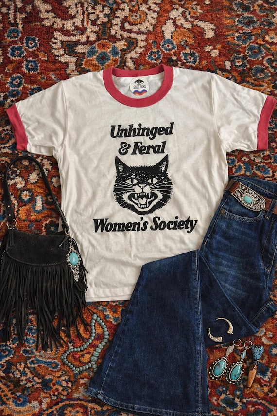 Unhinged and Feral Women’s Society Retro Ringer Tee - Cute and Funny Women’s Clothing - Vintage Tee - Graphic - Cat Shirt - 70s lol