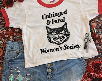 Unhinged and Feral Women’s Society Cropped Retro Ringer Tee - Cute and Funny Women’s Clothing - Vintage Tee - Graphic - Cat Shirt - 70s lol