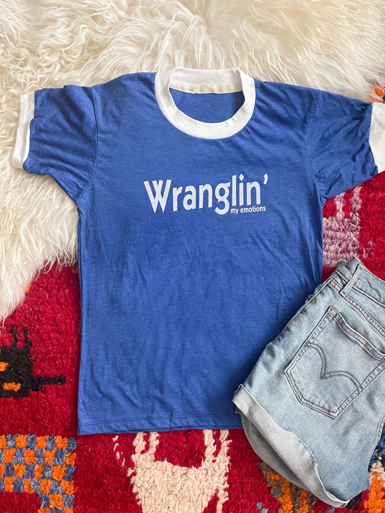 Wranglin' My Emotions Retro Ringer T-shirt, Wrangler, Western, Southwest Tshirt, Wrangler shirt, funny graphic tee, cowgirl shirt image 1