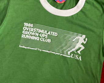 Vintage 1986 Overstimulated Grown Ups Running Club Ringer Tee