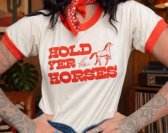 Hold Yer Horses Red Ringer Tee Graphic T-shirt, cowgirl aesthetic, western top, festival, womens clothing, vintage clothing, disco cowgirl