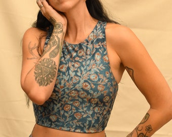 Tallulah Crop Top -  Yoga Top - Blue Crop Top - Floral Print Crop Top - Emerald Bra - Blue Top - Bohemian Clothing - matching