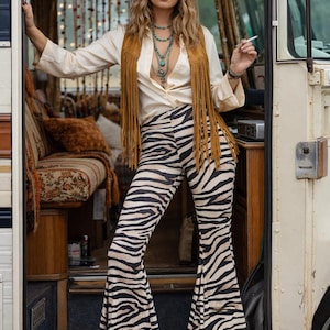 Zebra High Rise Bell Bottom Pants - animal print flares - rock and roll - western - festival fashion - boho bohemian 70s clothing