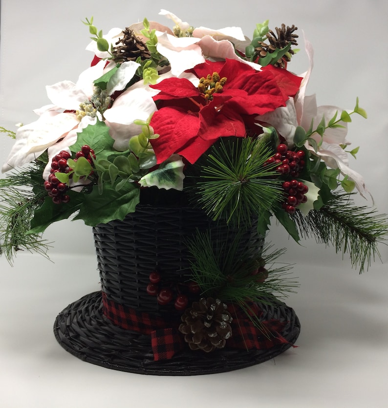 Christmas Arrangement Poinsettia Flowers Frosty S Hat Etsy