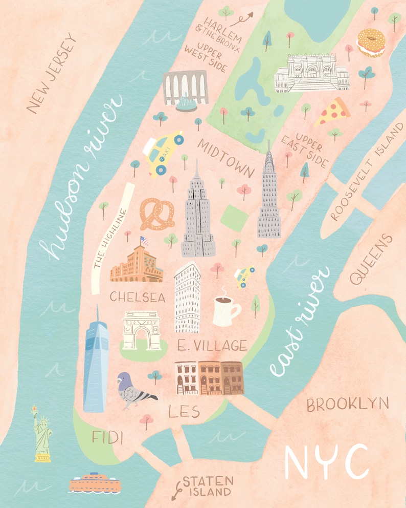 NYC Manhattan Map Print 8x10 or 11x14 - Etsy