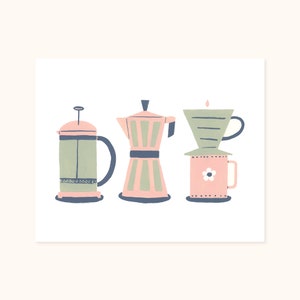 Coffee Trio Art Print | 8x10&quot; | French Press, Moka Pot, Pourover | Giclée
