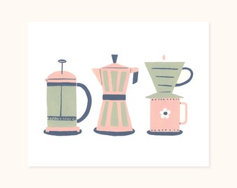 Coffee Trio Art Print | 8x10" | French Press, Moka Pot, Pourover | Giclée